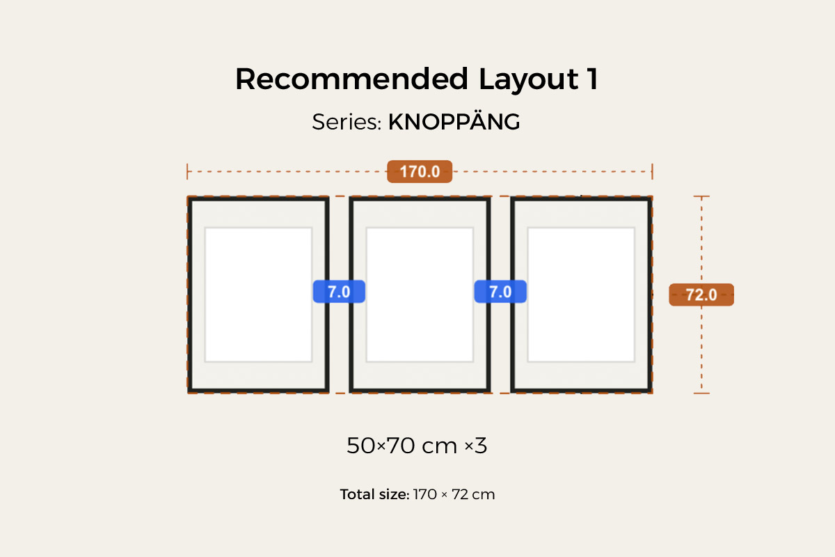 Plan 1: three KNOPPÄNG 50×70 cm frames in a row, 7 cm gaps, about 170 × 72 cm overall