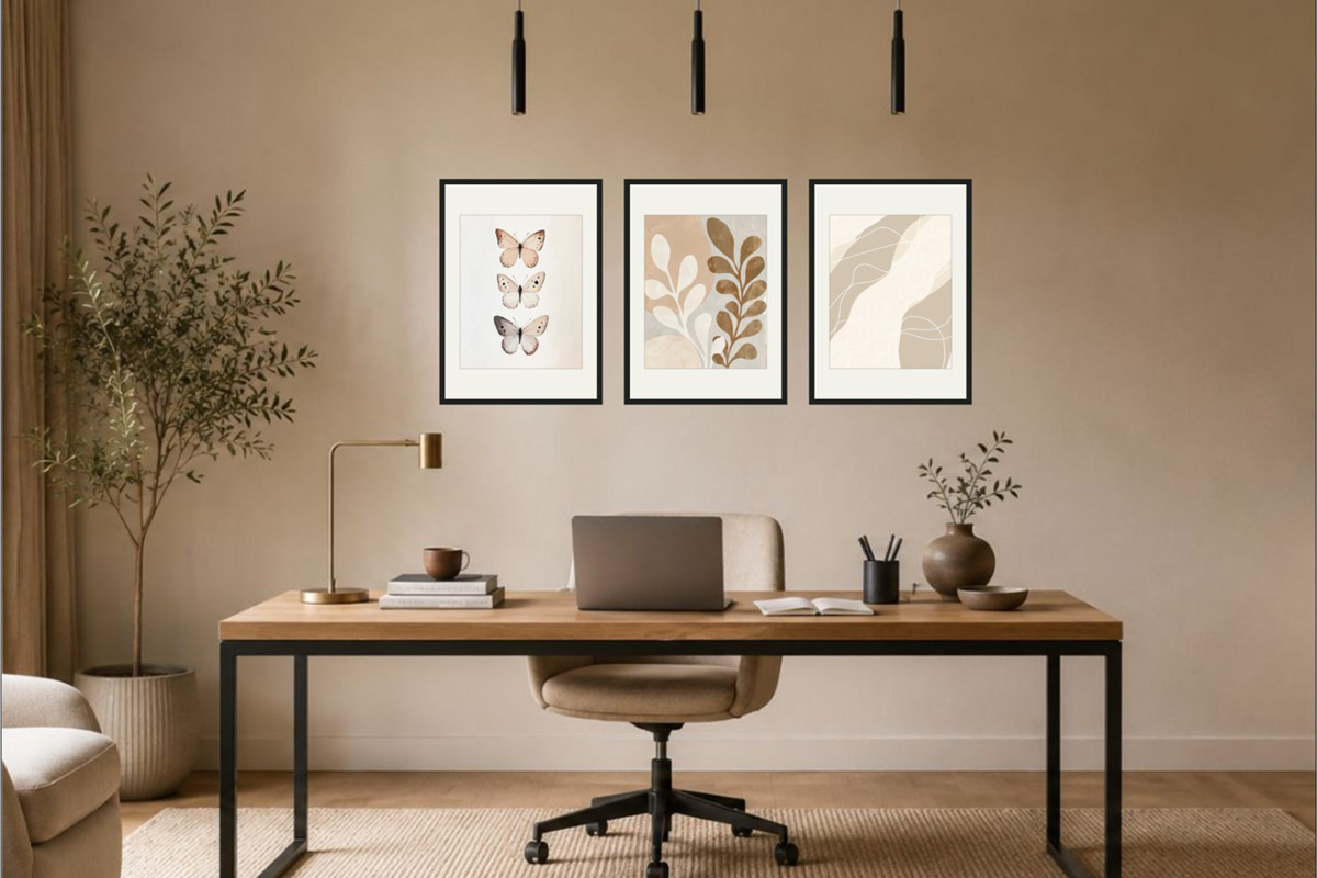 The result: an open wall behind the desk with an equal triptych centered above it