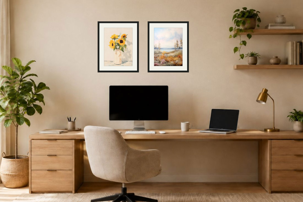 The result: a desk with a monitor and shelf, the pair set to one side, clear of the screen