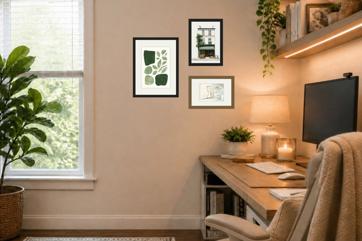 The result: a desk by a window with a compact mixed-size cluster on the small side wall
