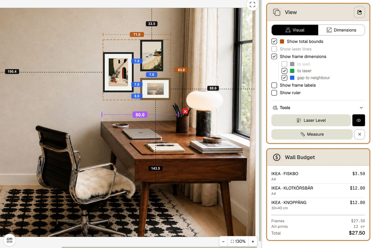 Lay it out on HangPlanner against your real desk and wall: overall size, height above the desk, and Wall Budget showing per-frame prices and the group total