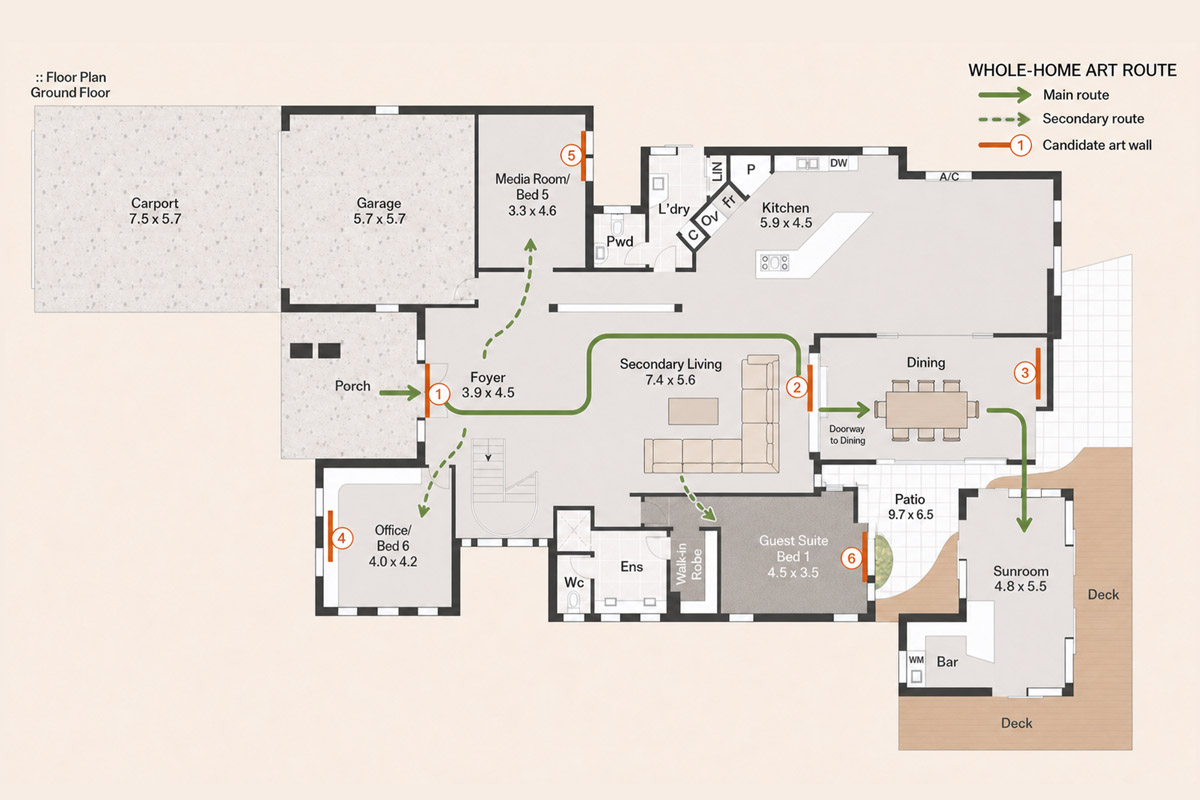 A floor plan with a solid line for the main route and dashed lines for side routes, tracing the walk from the entry Porch, with orange numbers 1–6 marking the candidate art walls (Foyer, Secondary Living, Dining, Media Room, Office, Guest Suite)