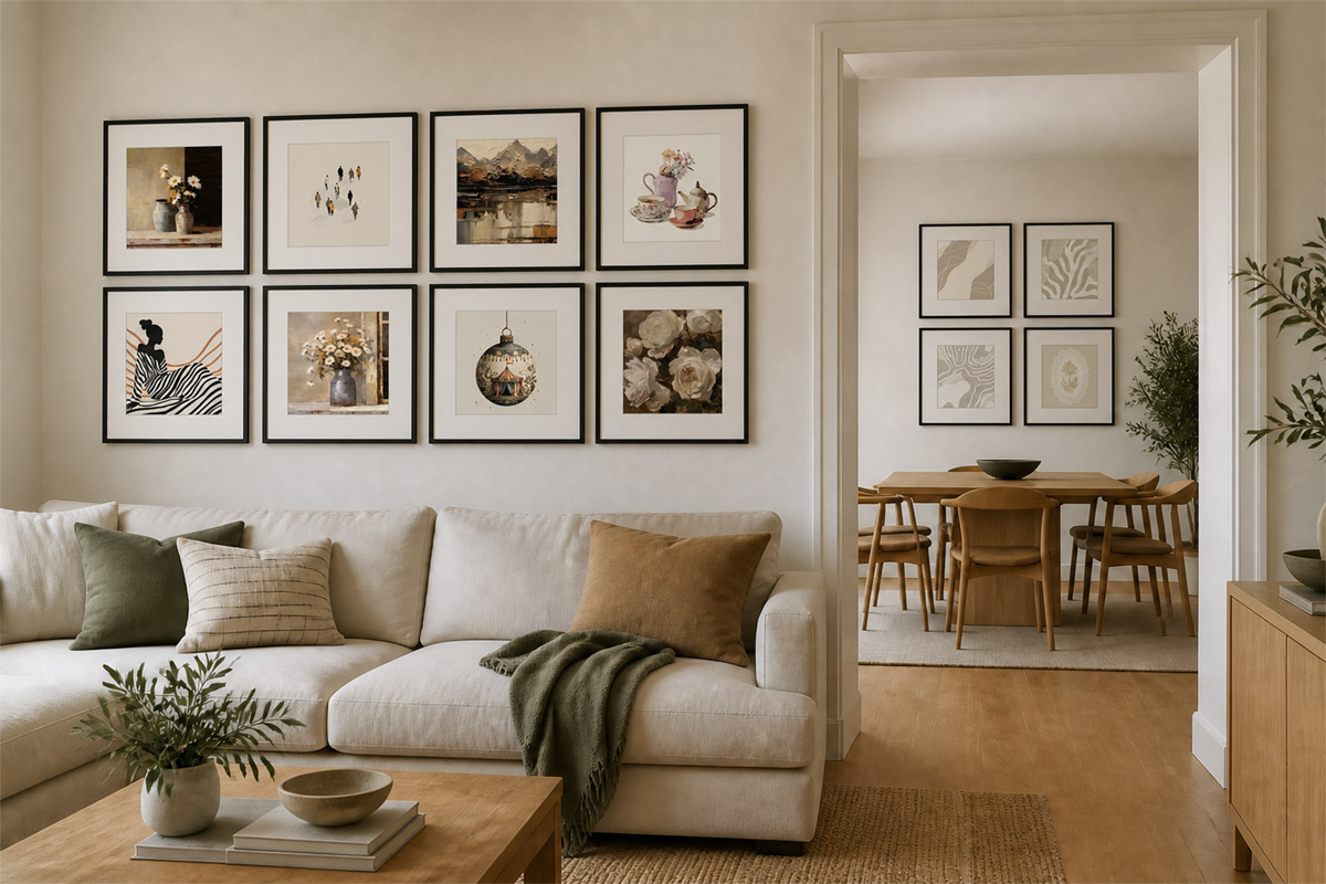 A living room with an eight-frame, dark-framed gallery wall above a cream sofa reading as the lead, and through the doorway on the right a quieter set of four pale pieces on the dining-room wall, showing how two walls seen together split into lead and supporting