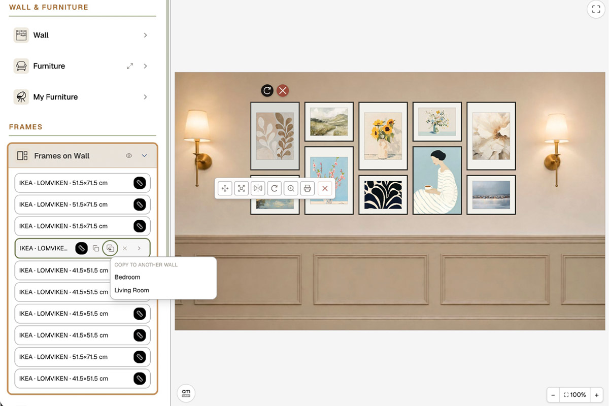 The HangPlanner editor: the left Frames on Wall list shows the IKEA LOMVIKEN frames on the wall, and selecting one opens a Copy to another wall menu that sends that single frame to Bedroom or Living Room