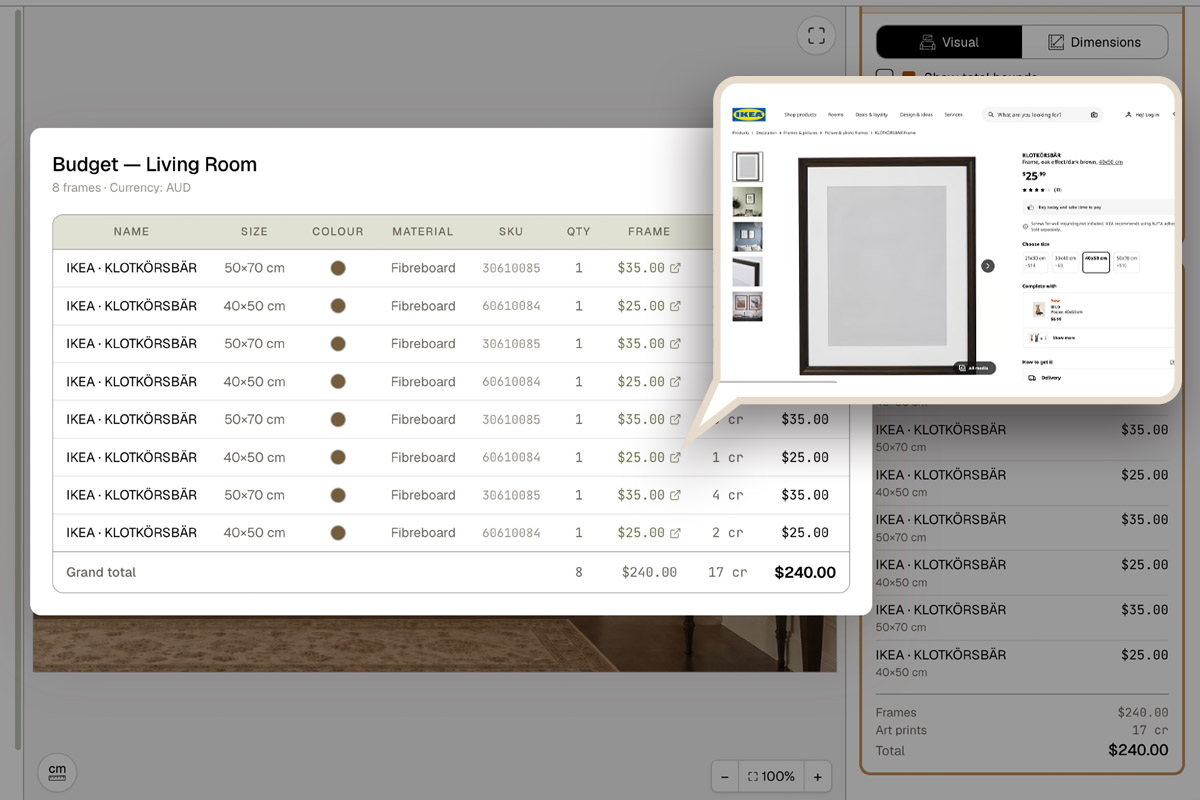 The HangPlanner Budget — Living Room detail table listing each IKEA KLOTKÖRSBÄR frame's size, colour, SKU and price, totalling AUD 240, with each row linking out to the IKEA product page