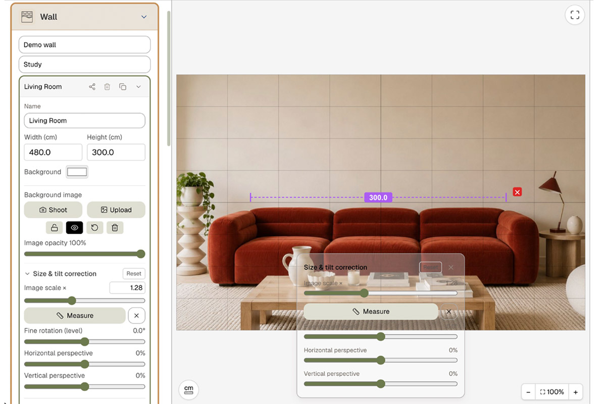 Step 1 · Recreate your wall: in the Wall panel enter the real 480 × 300 cm, drop in a phone photo with Background Image, correct the perspective, then check the scale with Measure