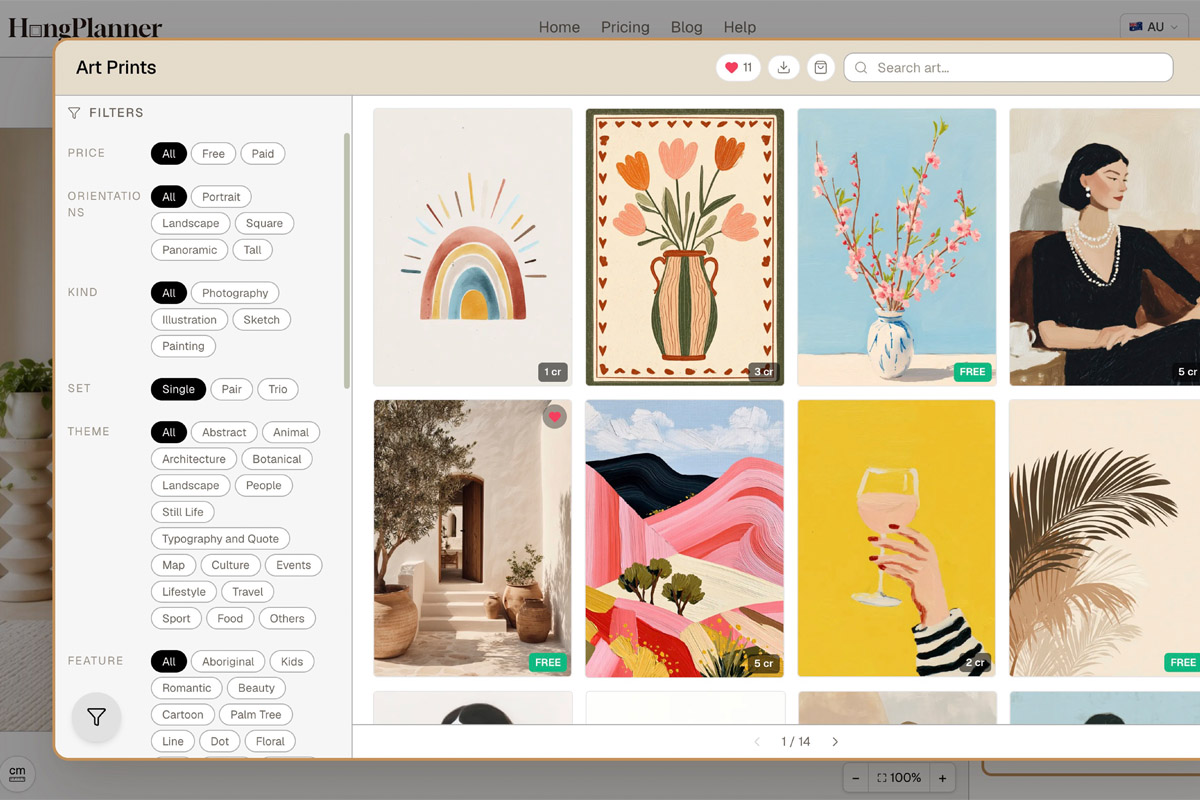 Step 2 · Choose your art: filter the built-in Art Prints library by Price / Orientation / Kind / Theme; cards are marked FREE or priced in credits (cr), and drop straight into a frame to preview