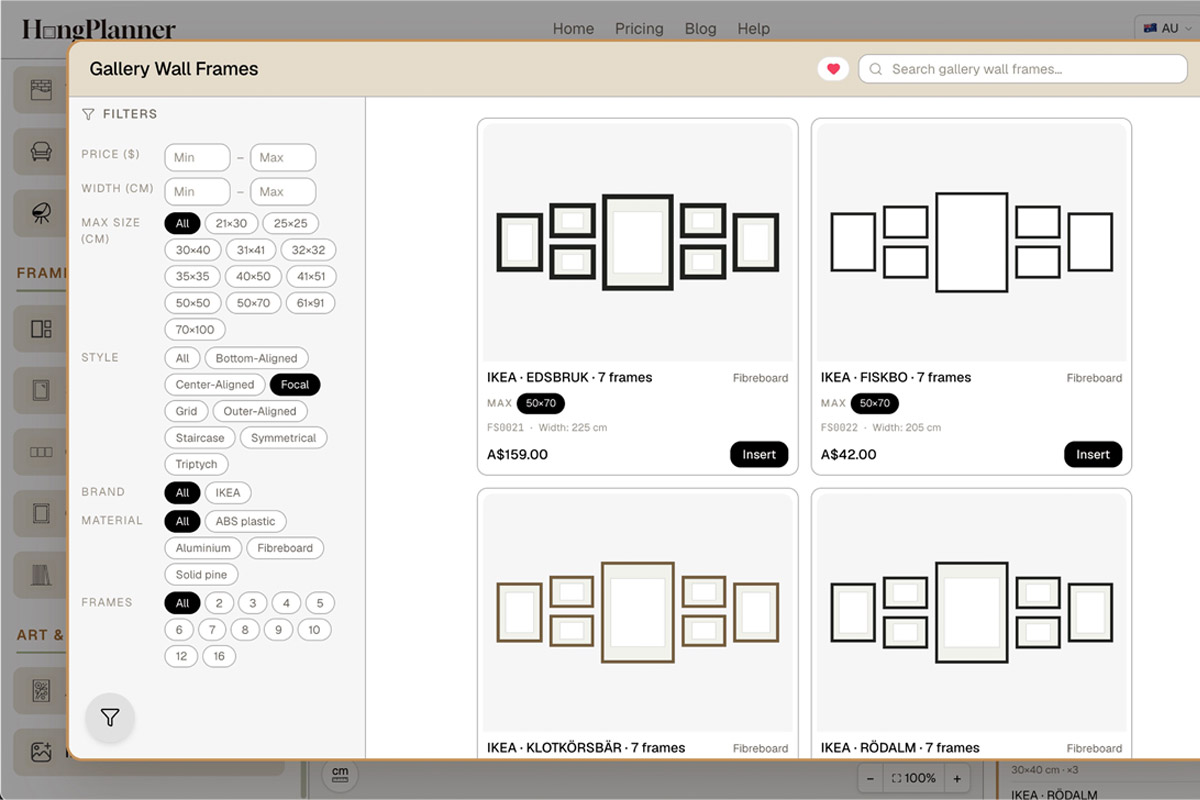 Step 3 · Pick a layout: in Gallery Wall Frames, filter by Style (Focal here), size, and frame count, then Insert a ready-made IKEA set in one click