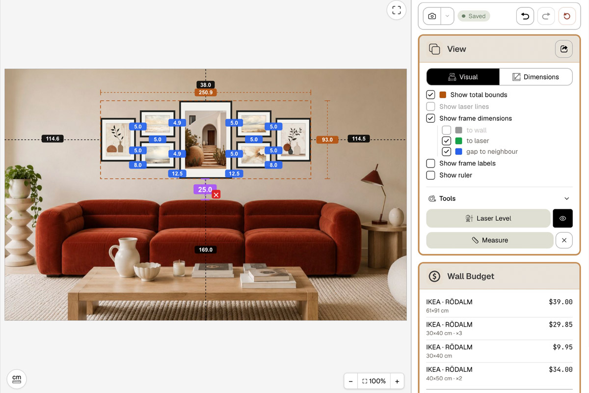 Step 4 · Check sizes and hanging height: turn on Show total bounds for the arrangement's edge and Show frame dimensions for each gap, pull a 150 cm eye-line with Laser Level, and measure distances with Measure