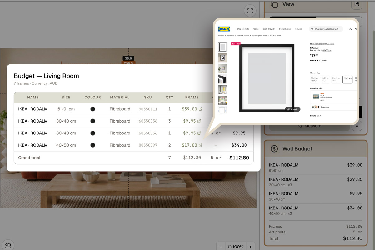 Step 5 · Budget and order: the Wall Budget detail table lists each frame's size, color, SKU, and price, totals the set in real time, and lets you jump to the IKEA store row by row to order