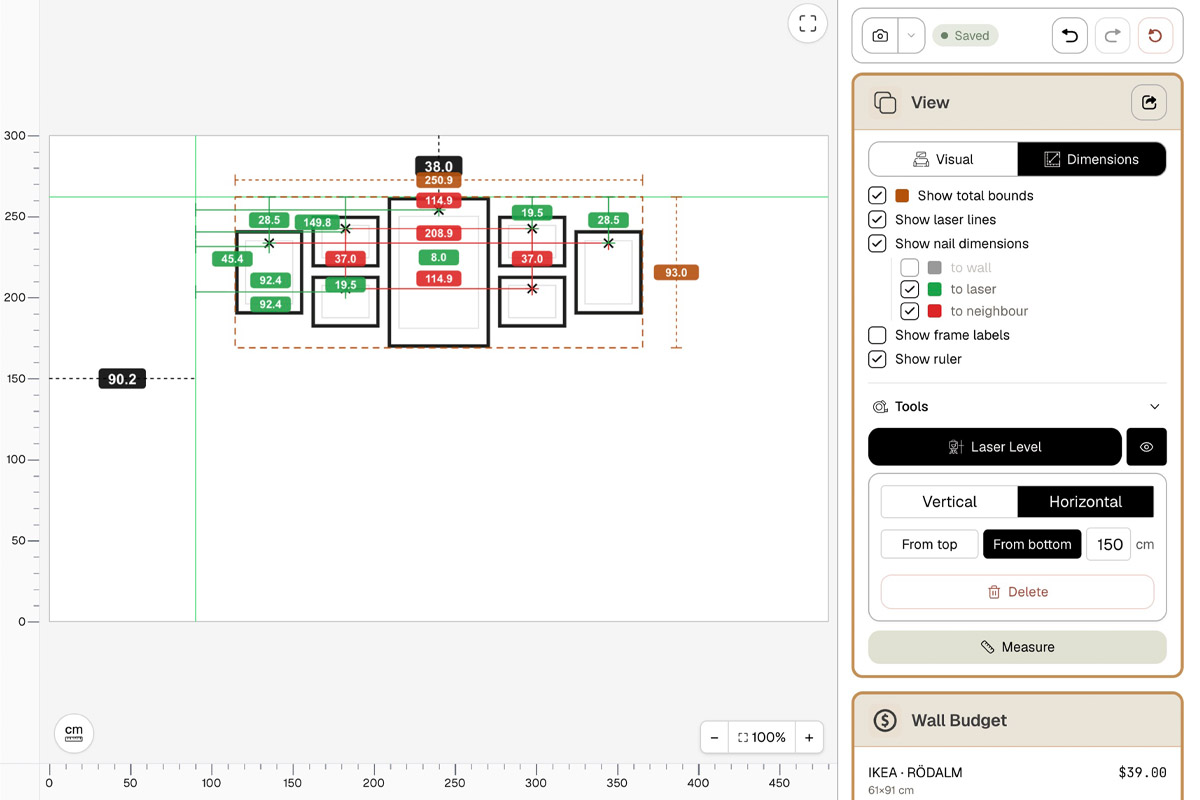 Step 7 · Export and install: switch to the Dimensions view—each frame's distance to the laser line (green) and its neighbors (red), plus its nail positions, are labeled, with the Laser Level set 150 cm off the floor