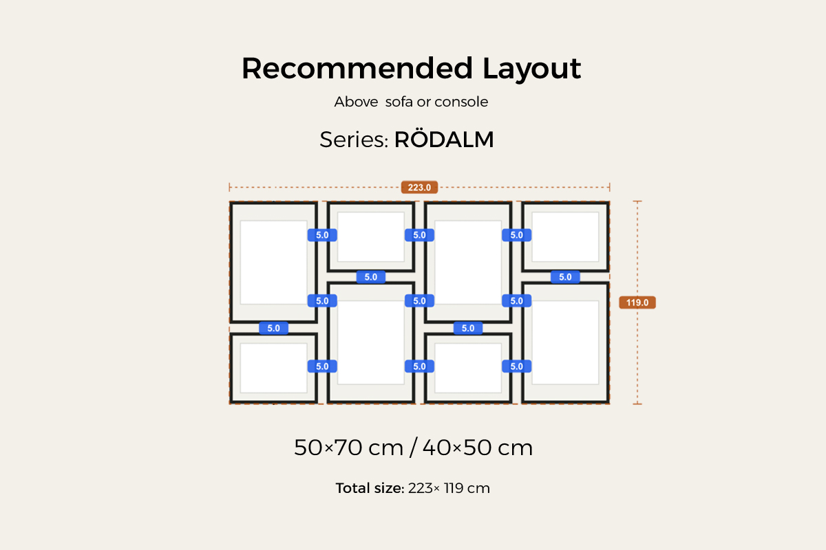 Recommended outer-aligned layout above a sofa or console, RÖDALM series — 8 frames at 50 × 70 and 40 × 50 cm, outer edges forming a clean 223 × 119 cm rectangle with even 5 cm gaps