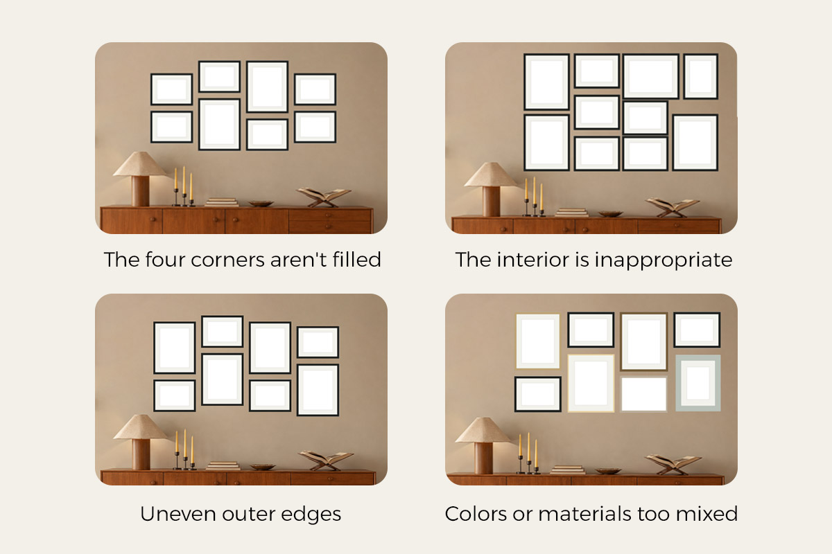 Four common outer-aligned mistakes shown above a console — the four corners not filled, an inappropriate interior, uneven outer edges, and colors or materials too mixed