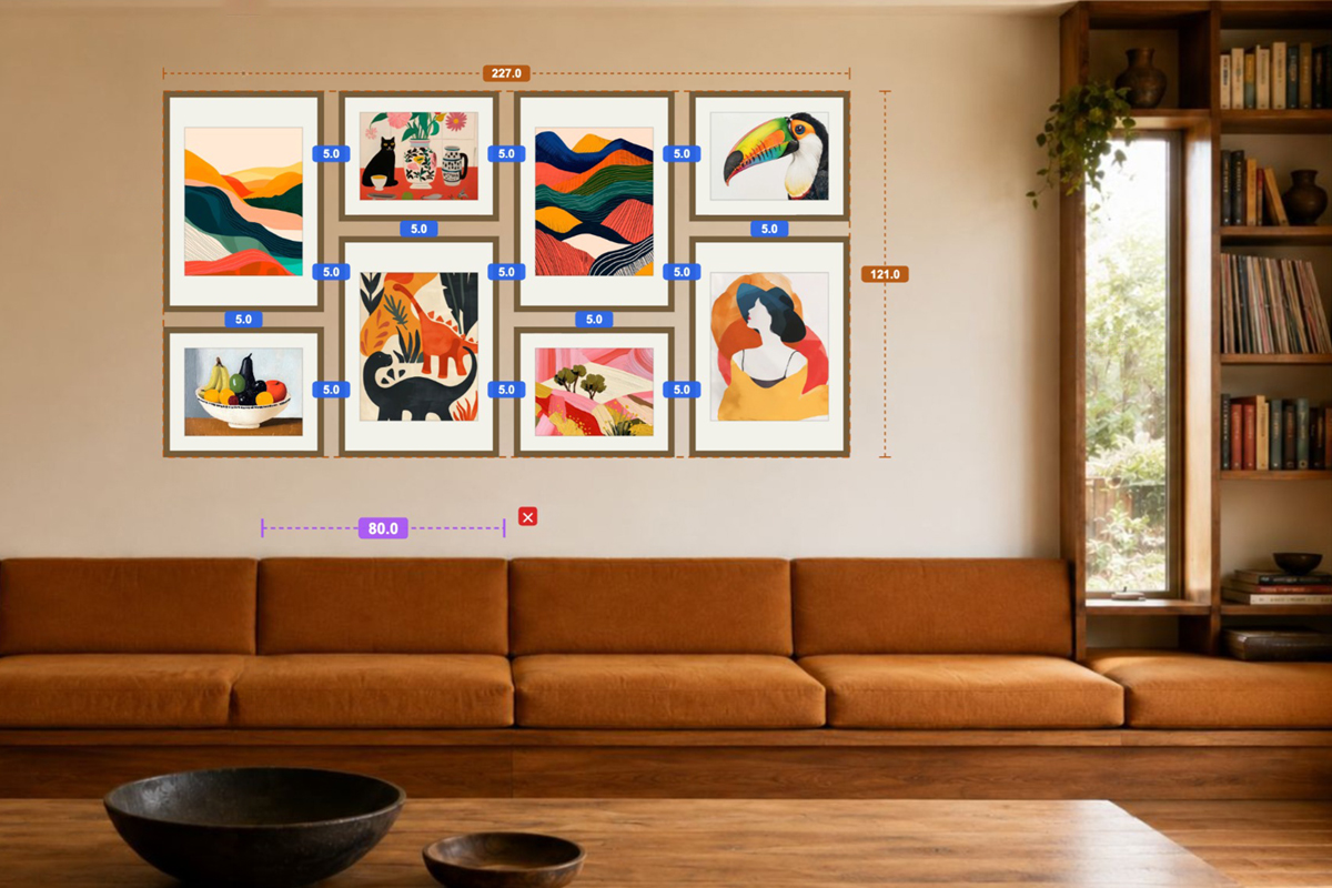 An outer-aligned gallery wall above a sofa in HangPlanner — the whole arrangement measured on screen: bounding box 227 × 121 cm, even 5 cm gaps, and the distance down to the sofa