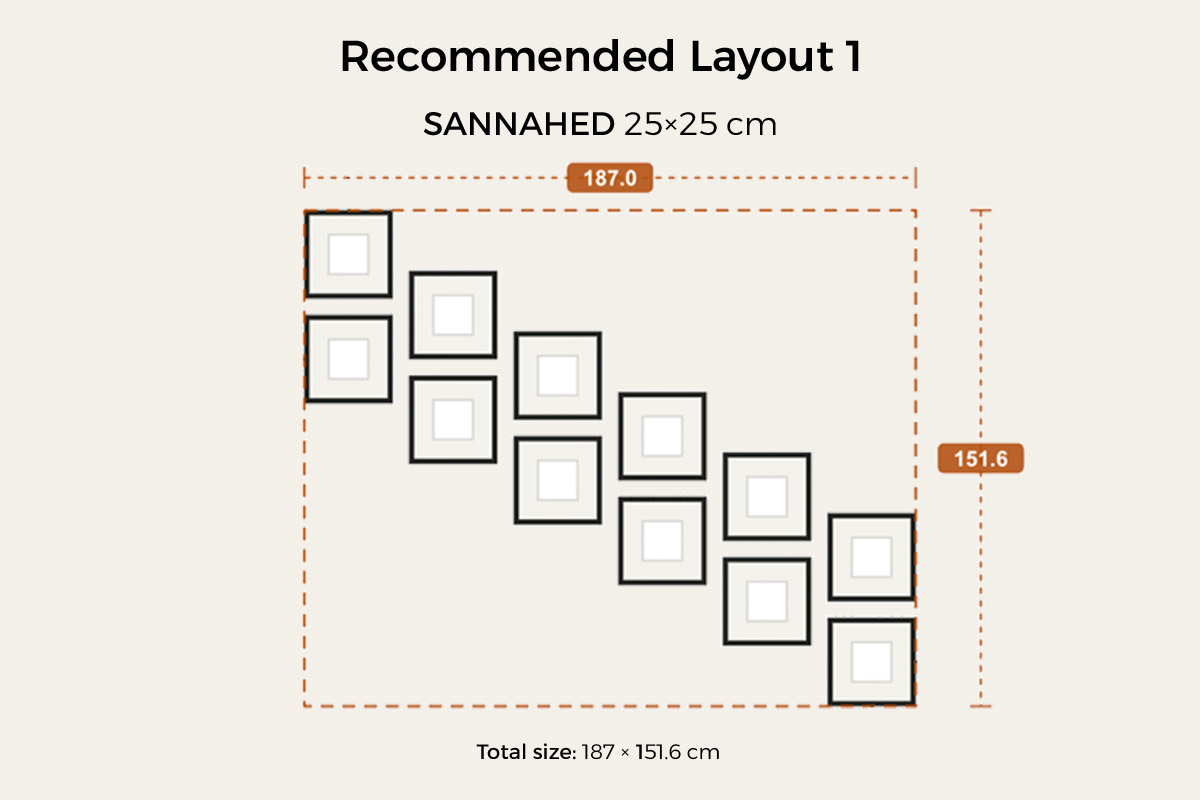 Option A · 7-frame standard climb — small-to-medium frames rising along the diagonal, alternating orientation