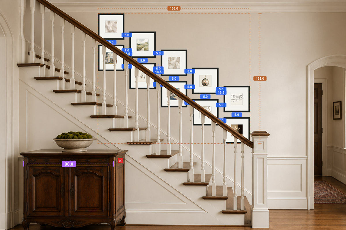 A staircase gallery wall aligned in HangPlanner, with the group's proportions and every hook height marked on screen