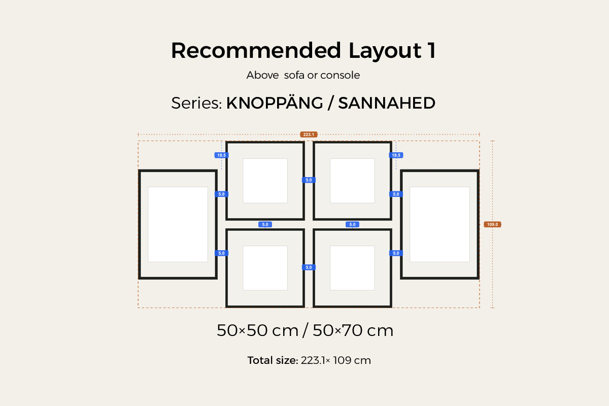 Recommended even layout — a 50 × 70 cm portrait frame at each end around four 50 × 50 cm squares in a mirrored middle, mirrored left to right, 222.9 × 109 cm