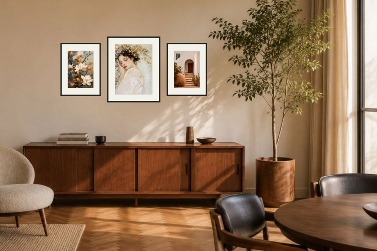 A three-frame symmetrical arrangement above a wooden console — a larger piece centred with a matching frame on each side