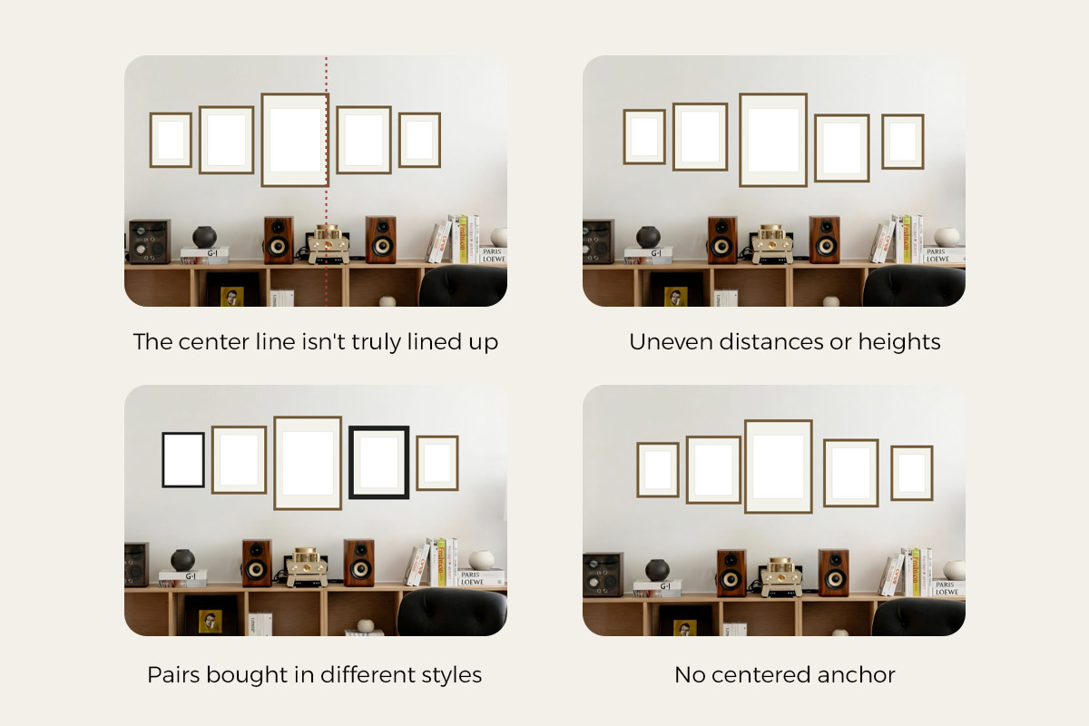 Four common mistakes on a symmetrical gallery wall, shown above a console — the centre line not truly lined up, uneven distances or heights, pairs bought in different styles, and an odd count with no centred anchor