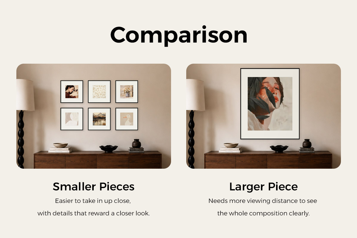Comparison: on the left a six-piece grid of small framed prints, "Smaller Pieces" — easier to take in up close, with details that reward a closer look; on the right one large framed piece, "Larger Piece" — needs more viewing distance to read the whole composition clearly
