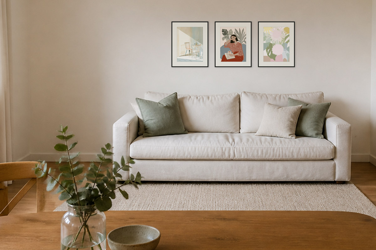 A small open living-dining space: framed art above a sofa seen from across the dining table in the foreground, showing how one wall gets read from more than one spot in the same room
