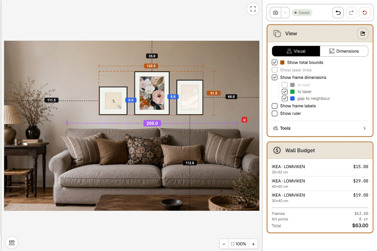 The HangPlanner canvas showing a wall's real dimensions, furniture and frames placed at true size โ IKEA LOMVIKEN frames with the Wall Budget panel totalling them โ used to compare a close-up view against a vertical layout