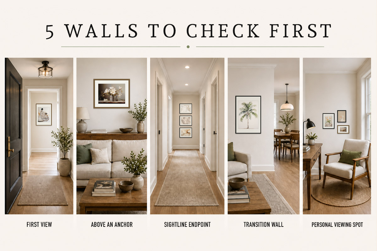 Five kinds of walls worth prioritising: first view, above an anchor, sightline endpoint, transition wall, and personal viewing spot