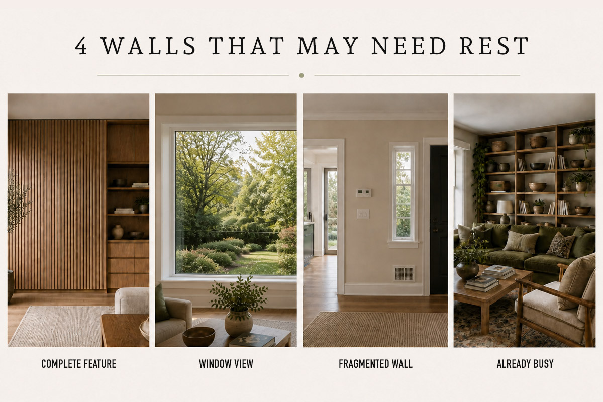 Four kinds of walls best left blank: a complete built-in feature (stone / panelling / storage), a window view, a fragmented wall, and an already-busy wall