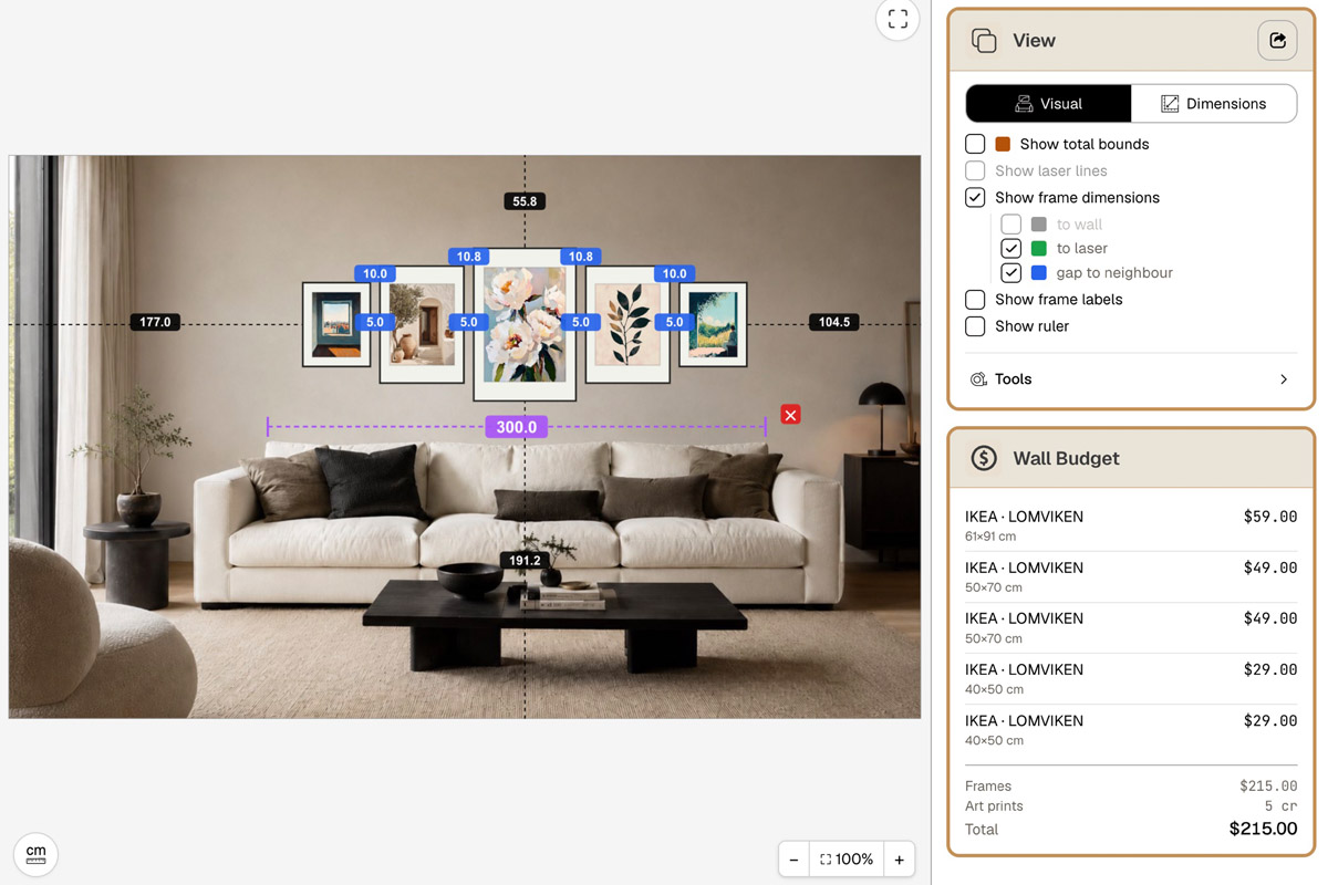 HangPlanner editor: a sofa gallery wall switched to Dimensions view showing the overall width and frame gaps, with the Wall Budget panel listing each IKEA LOMVIKEN frame's price