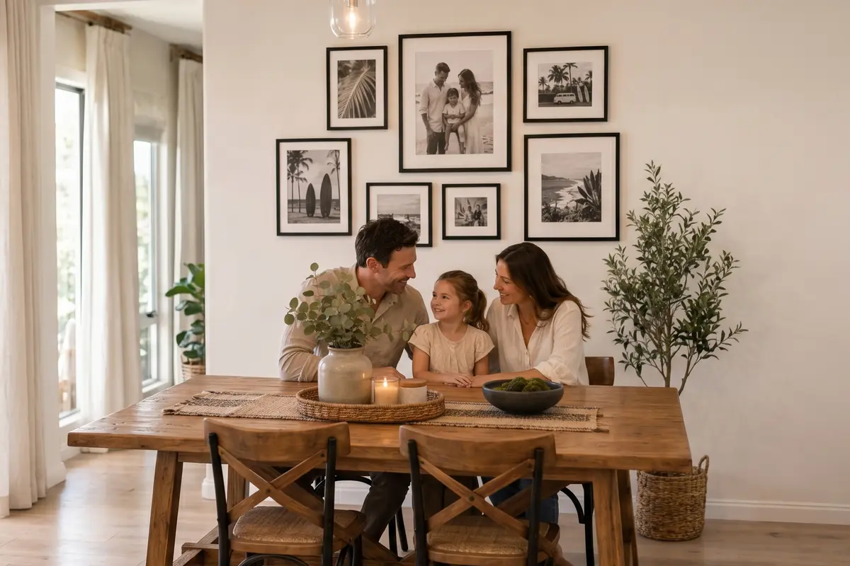 Family gallery wall in dining room with black and white photos
