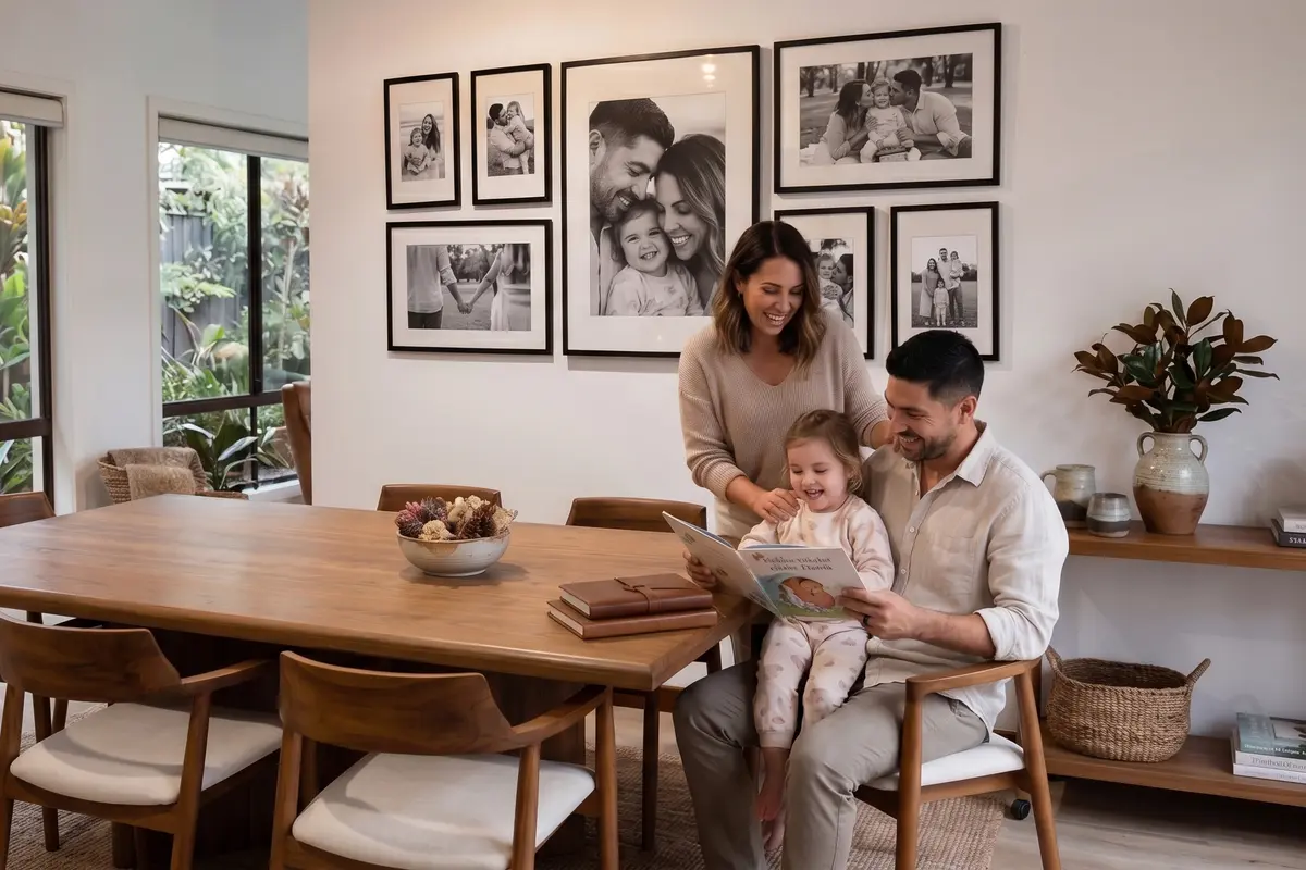 Family portraits gallery wall in dining room