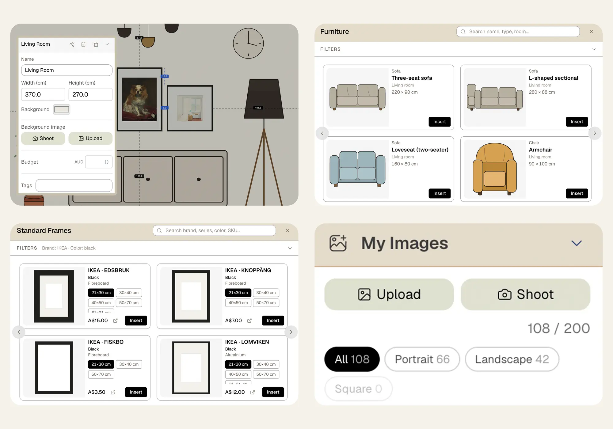 HangPlanner editor — four tools: wall, frames, image library, furniture