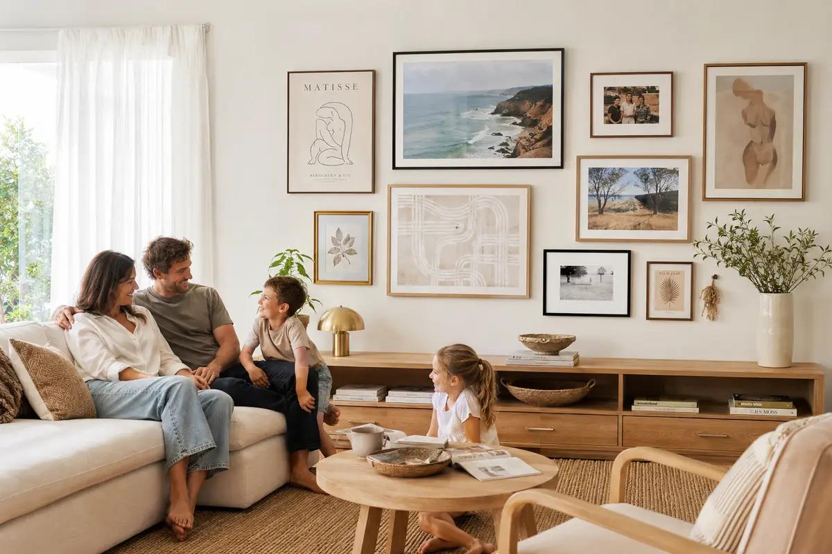 Mixed art gallery wall in coastal living room