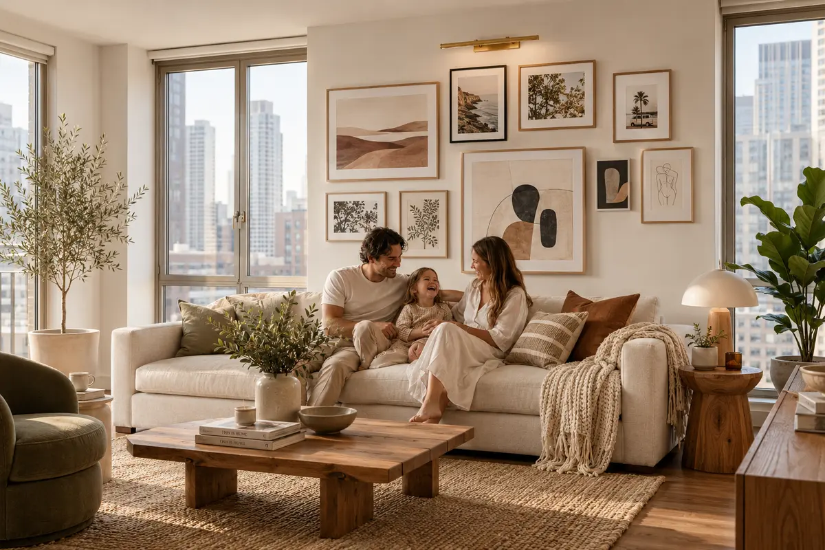 Modern abstract gallery wall in urban apartment
